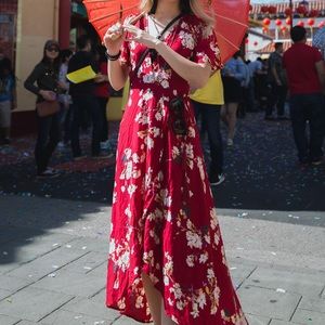 Red Floral High Low Wrap Dress